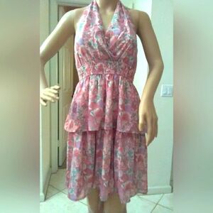 BNWT HALTER BACKLESS DRESS RUFFLED LAYERS PINK W/ FLOWERS BY JJs HOUSE SZ. SM